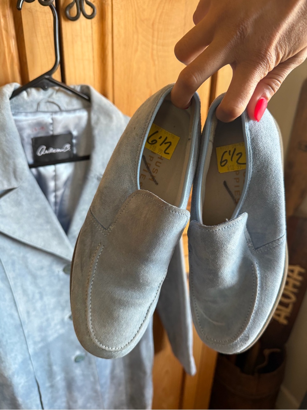 arden B / hush puppies matching suede jacket and loafers